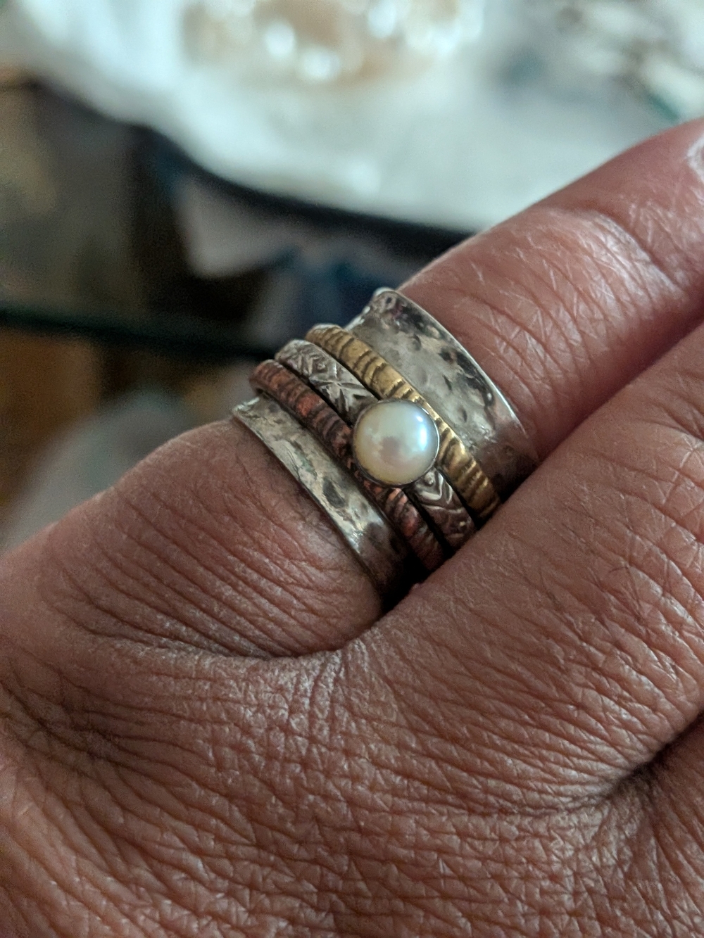 Multi-Tone Sterling Silver With Pearl Center Piece Ring Size 6